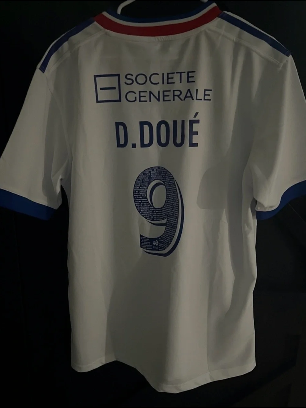 Adidas D.DOUE White Jersey with Blue Stripes and Red Crest